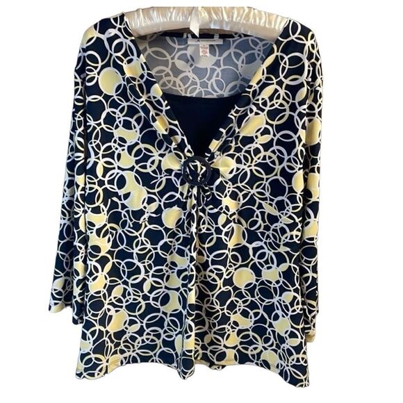 JM COLLECTION Ladies Geometric Rouched Top Blouse Size XL Black Yellow White - Picture 1 of 7